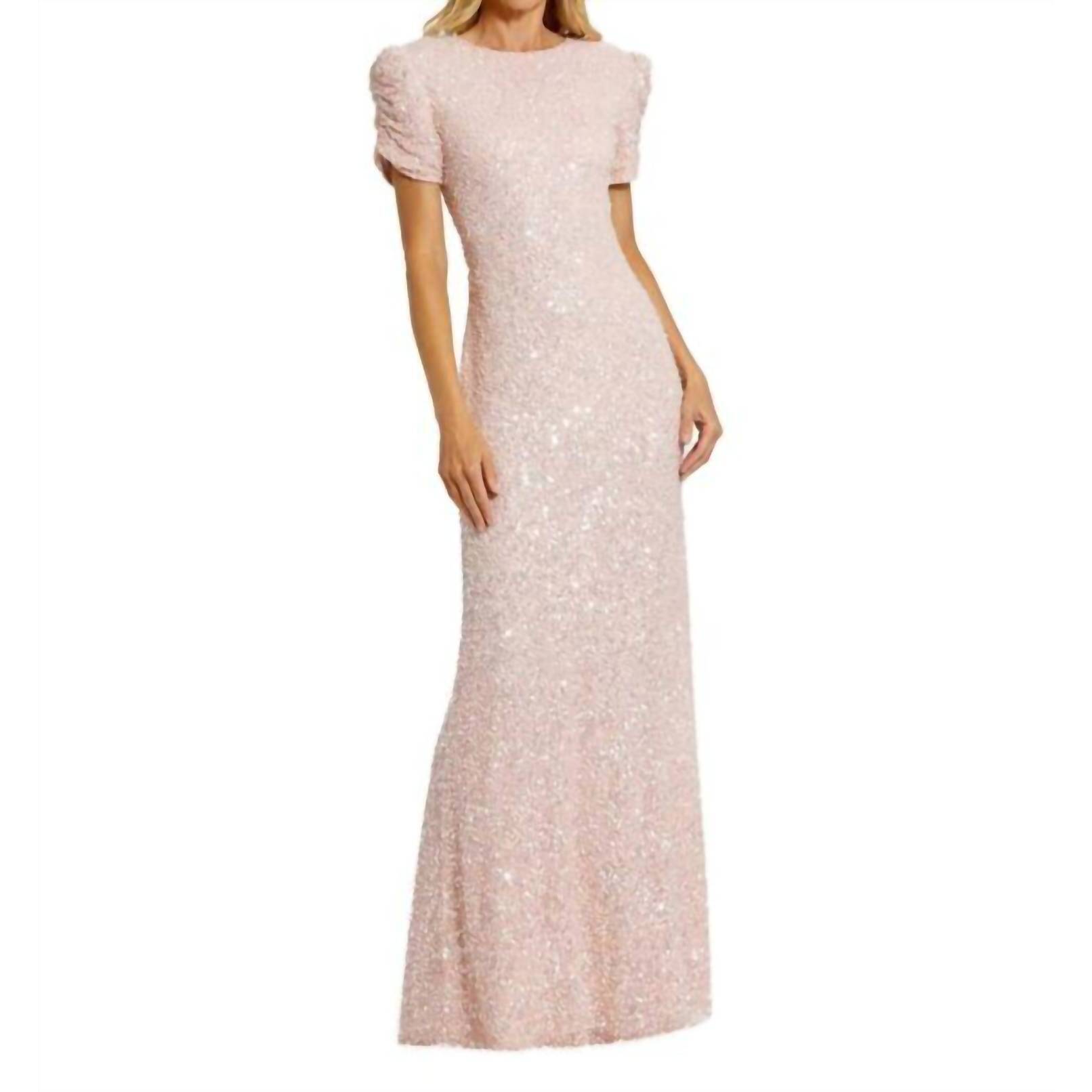 New Mac Duggal Puff Sleeve Beaded Dress In Blush